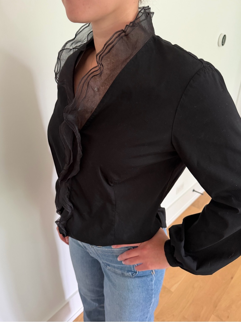 Lafayette 148 NY Black Stretch Cotton Ruffle Blouse Organza Mesh Trim Sz 12
